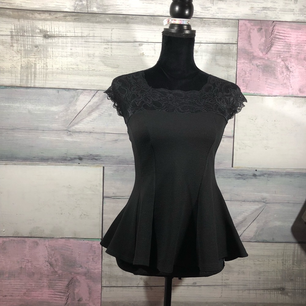 Monaco Black peplum Top with lace detail Small